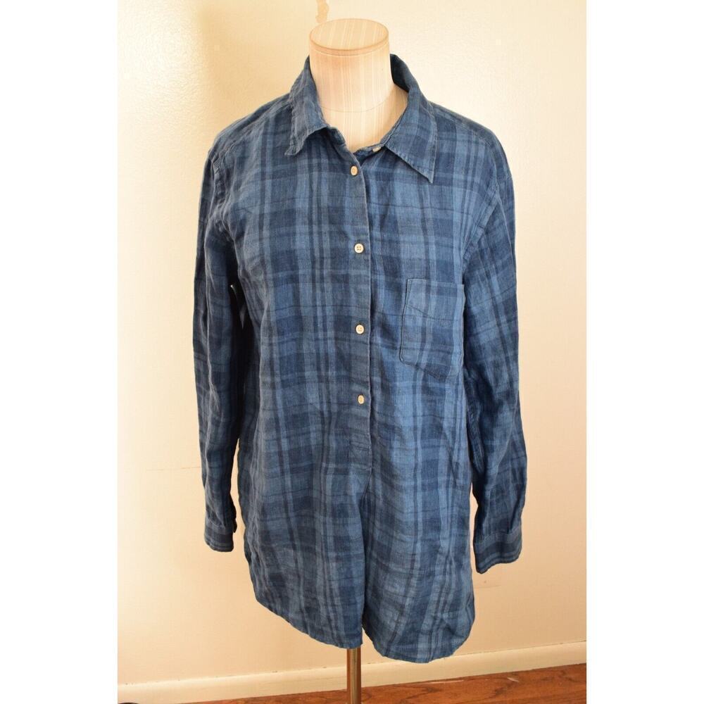 Lauren Ralph Lauren Top Womens L Blu Popover Long Sleeve 100% Linen Plaid Tunic